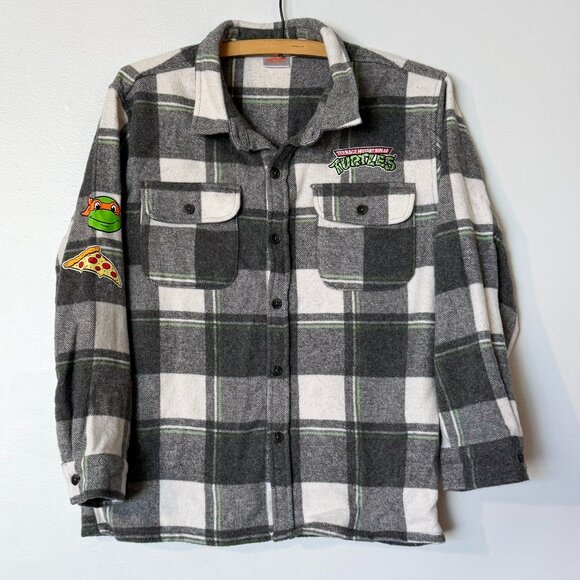 boys size L (10/12) TMNT Teenage Mutant Ninja TURTLES plaid flannel gray button - Picture 1 of 7